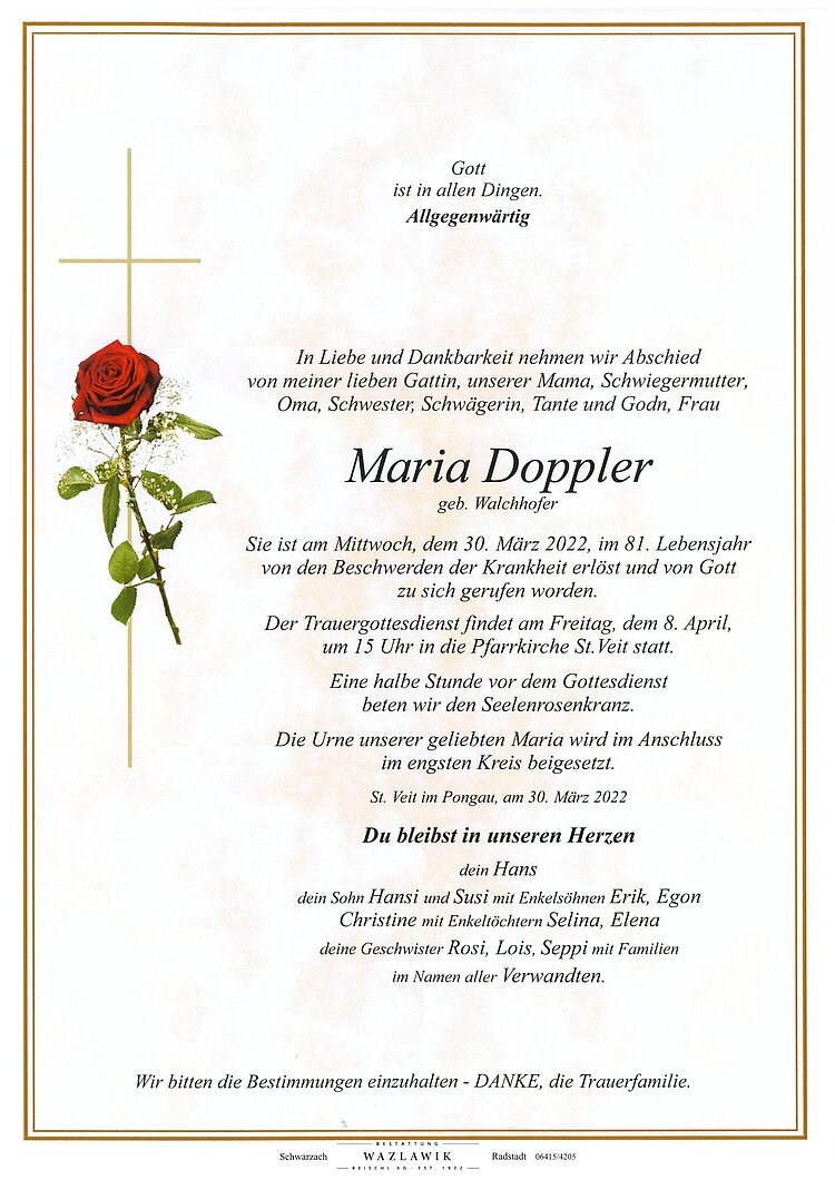 Parte von Maria Doppler † 30.03.2022