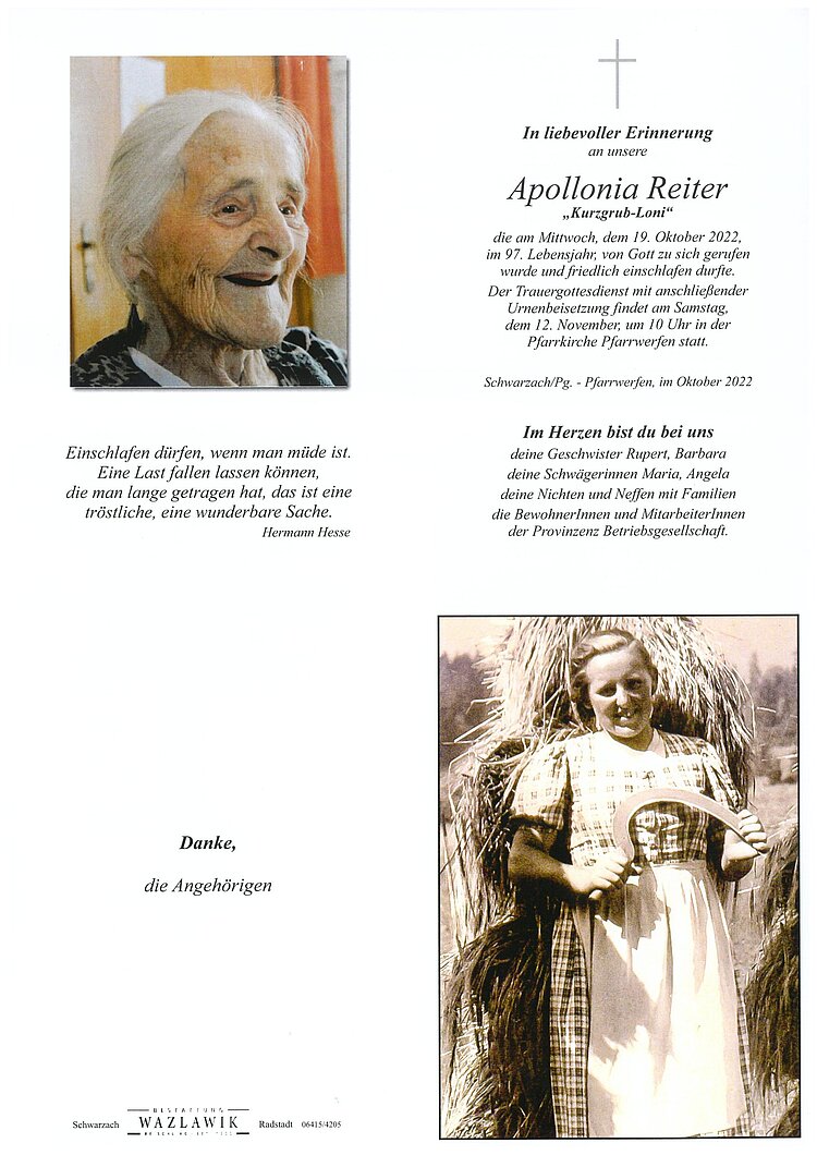 Parte von Apollonia Reiter † 19.10.2022