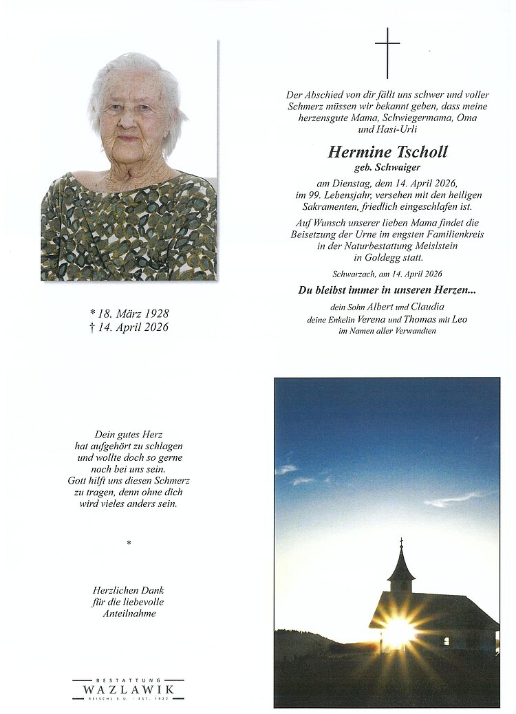 Parte von Hermine Tscholl † 14.04.2026