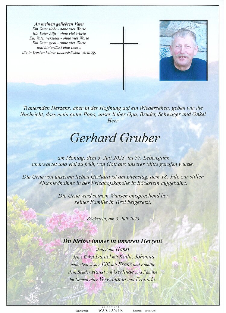 Parte von Gerhard Gruber † 03.07.2023