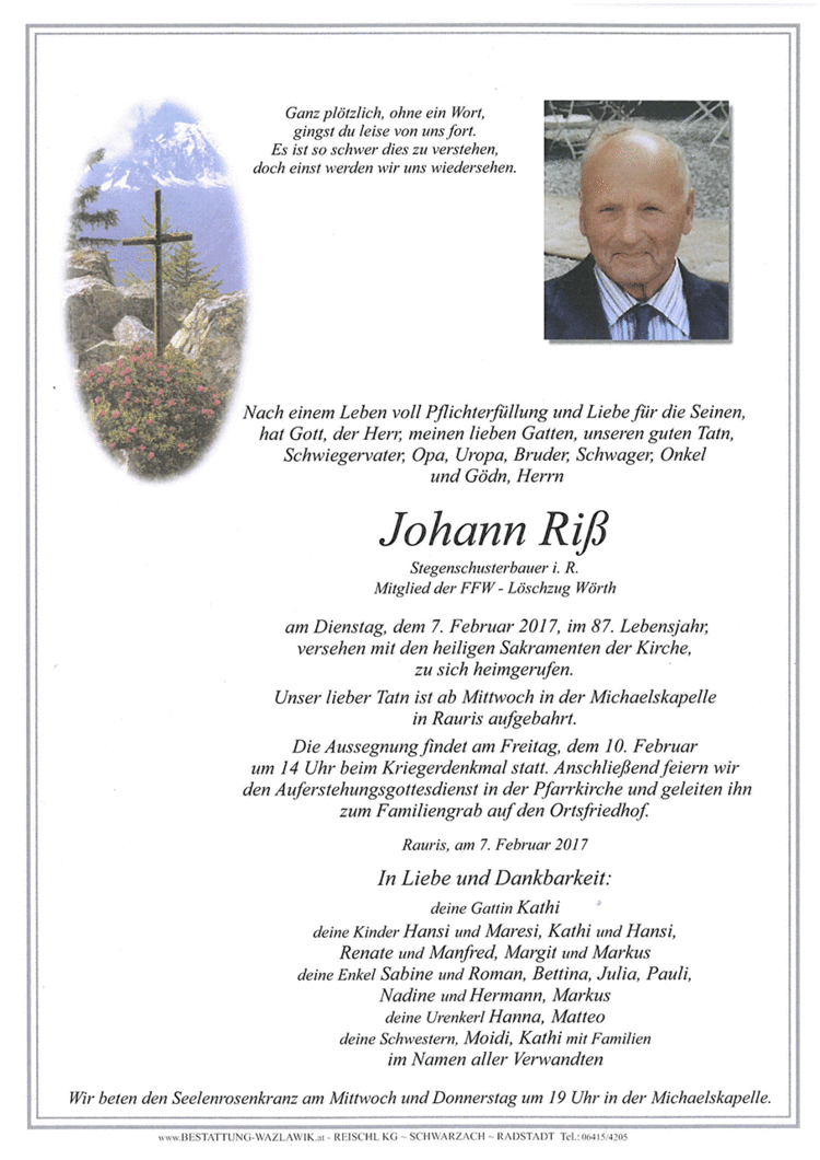 Parte von Johann Riß † 07.02.2017