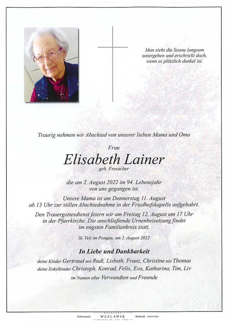 Parte von Elisabeth Lainer † 02.08.2022
