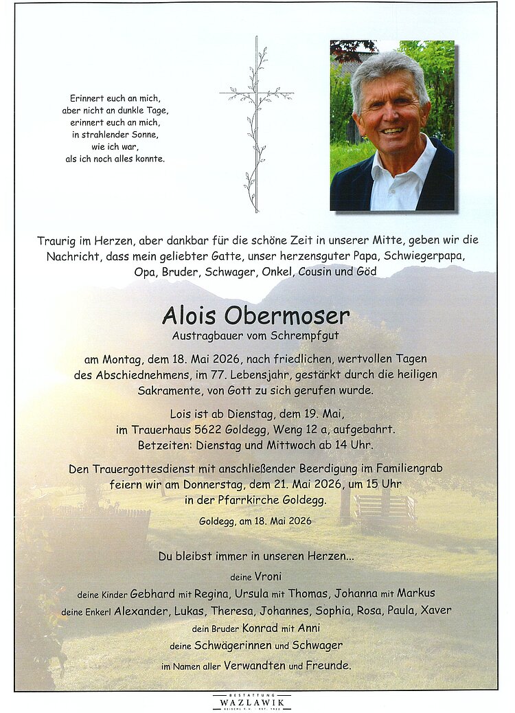 Parte von Alois Obermoser † 18.05.2026
