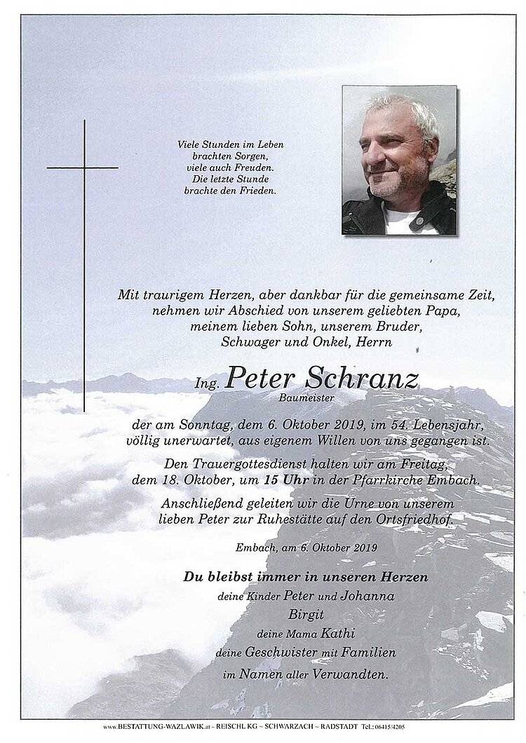 Parte von Ing. Peter Schranz † 06.10.2019
