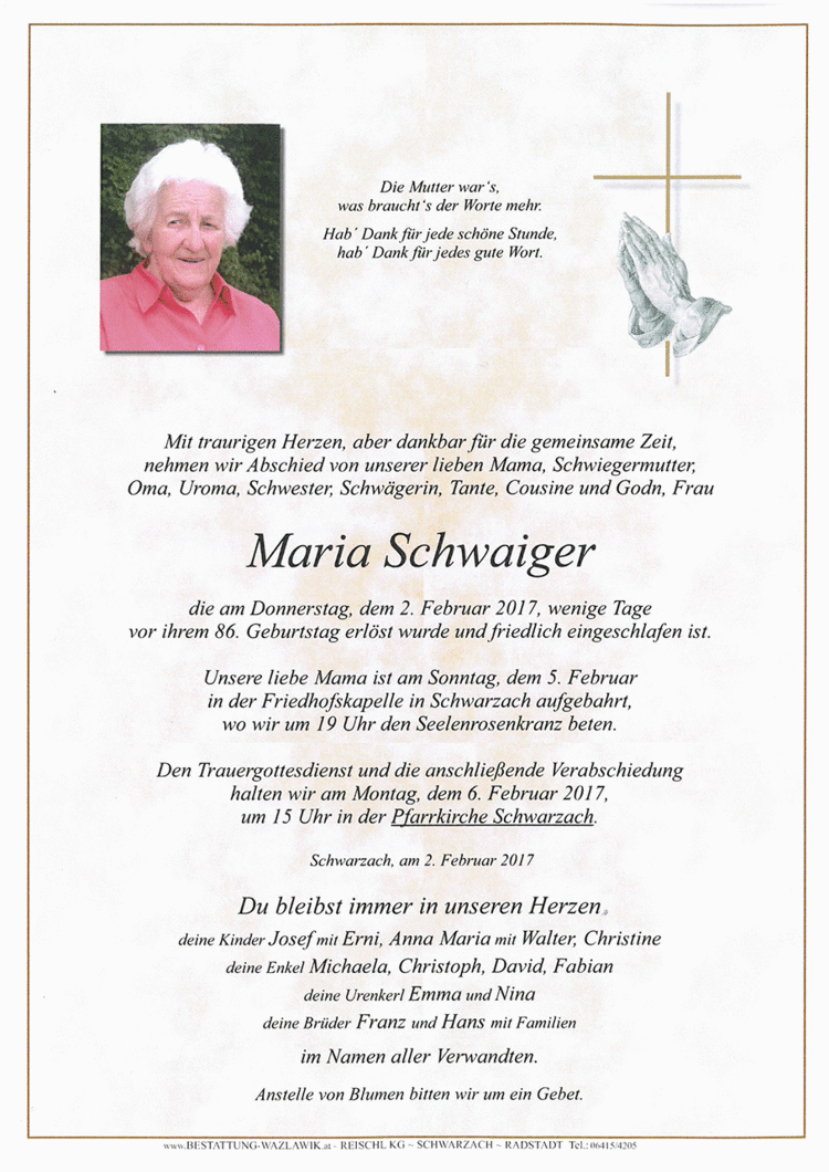 Parte von Maria Schwaiger † 02.02.2017