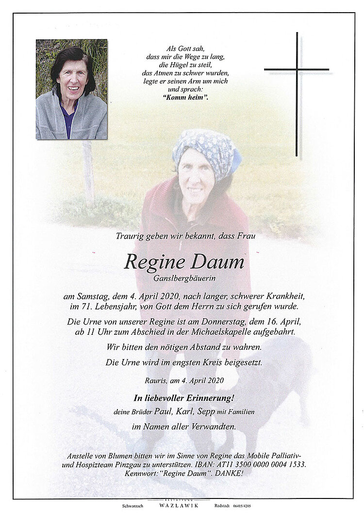 Parte von Regine Daum † 04.04.2020