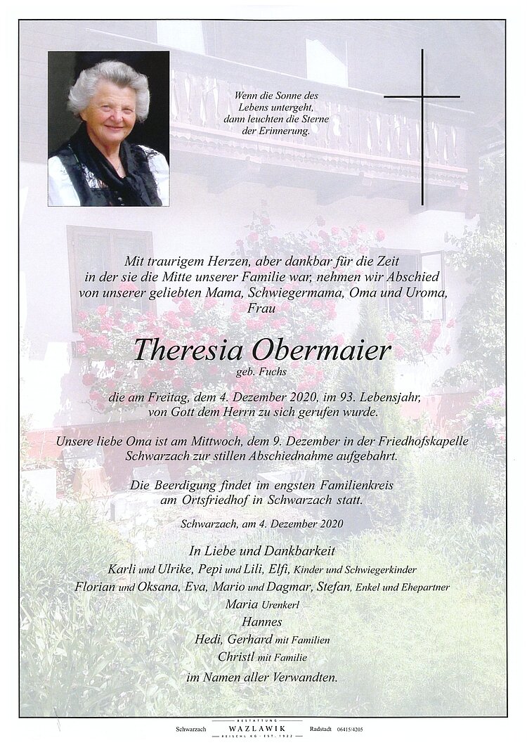 Parte von Theresia Obermaier † 04.12.2020