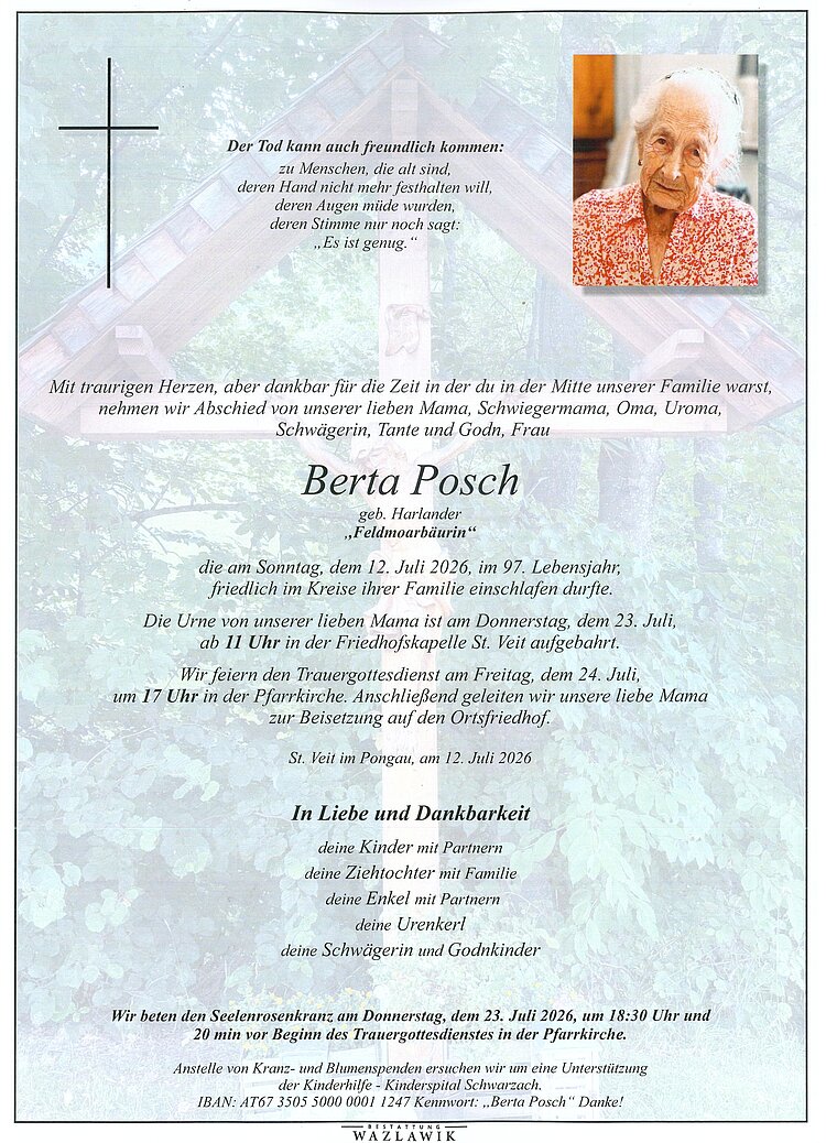 Parte von Berta Posch † 12.07.2026