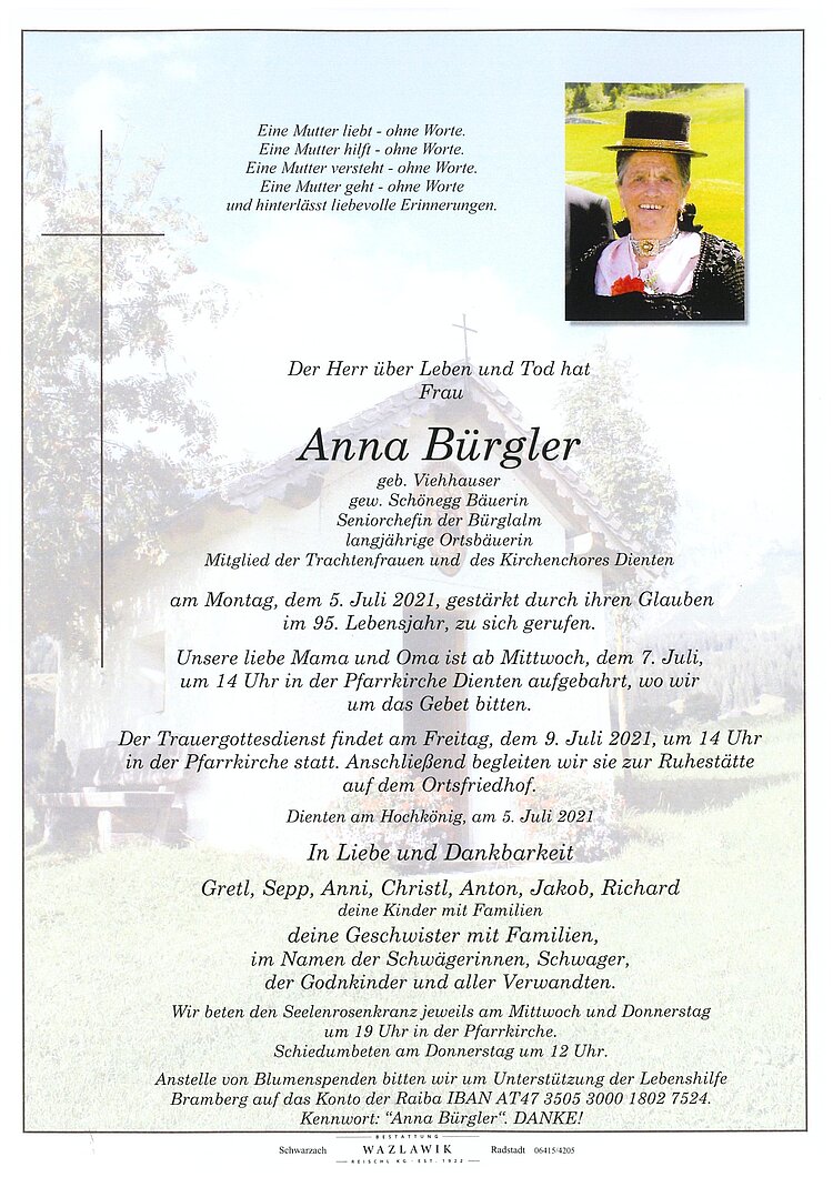 Parte von Anna Bürgler † 05.07.2021