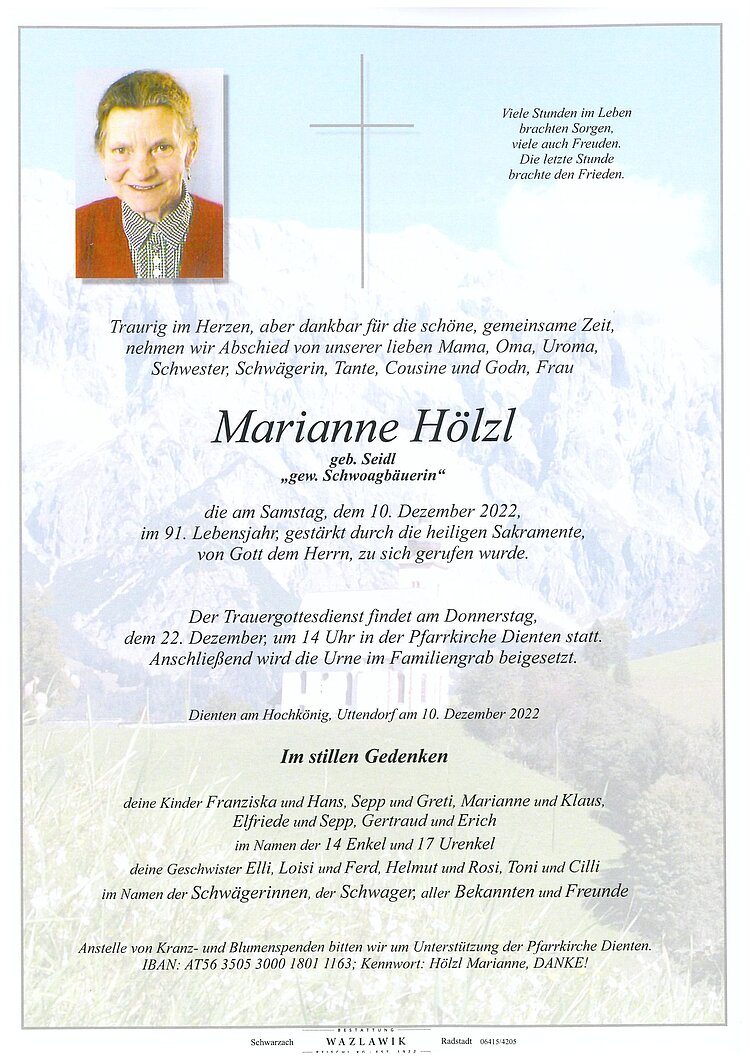 Parte von Marianne Hölzl † 10.12.2022