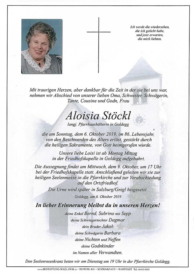 Parte von Aloisia Stöckl † 06.10.2019