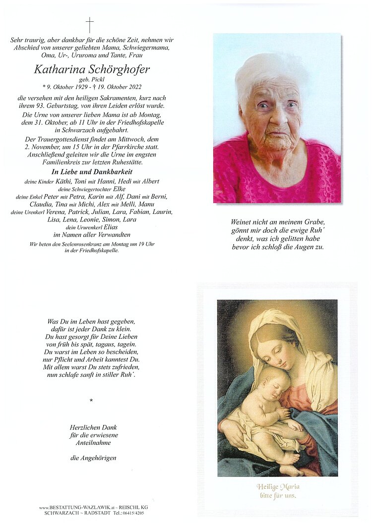 Parte von Katharina Schörghofer † 19.10.2022