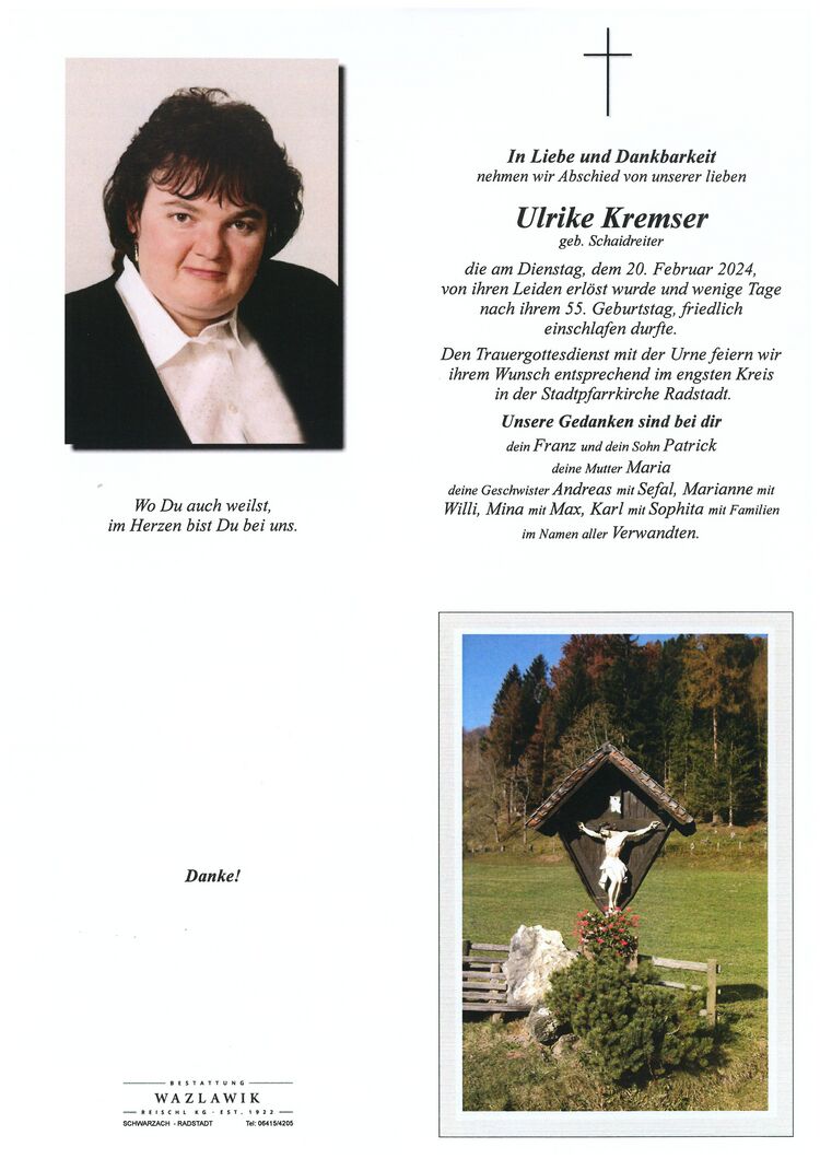 Parte von Ulrike Kremser † 20.02.2024