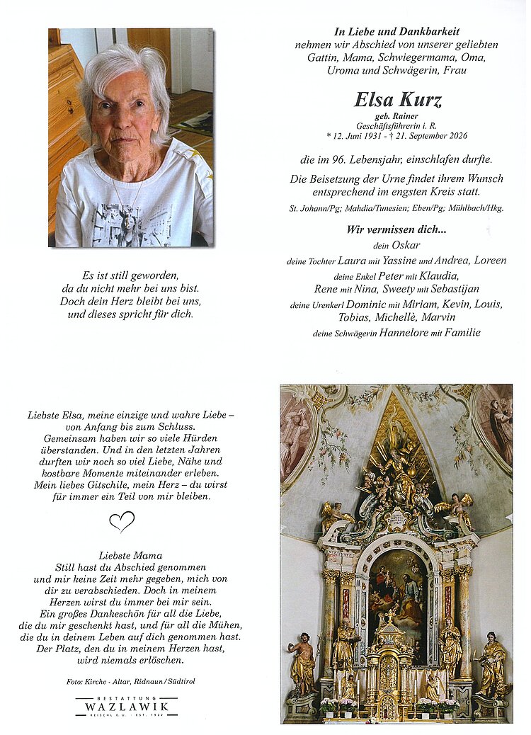 Parte von Elsa Kurz † 21.09.2026