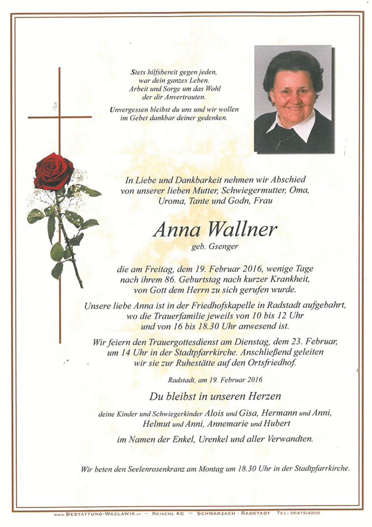 Parte von Anna Wallner † 19.02.2016