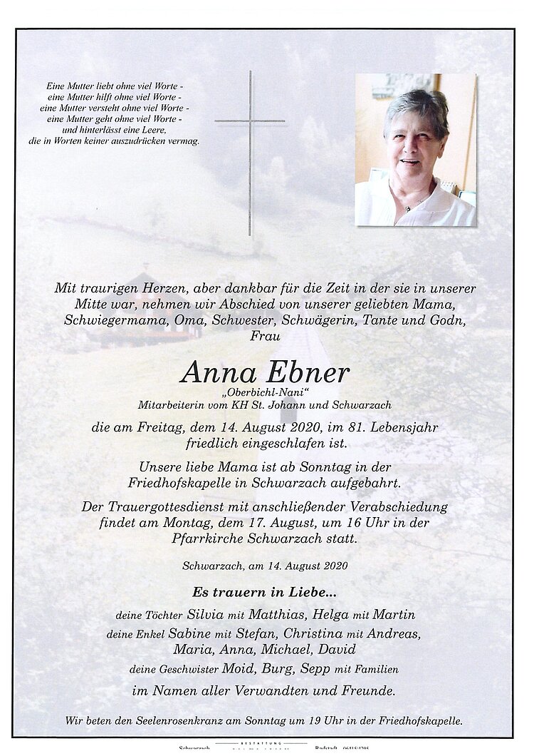 Parte von Anna Ebner † 14.08.2020