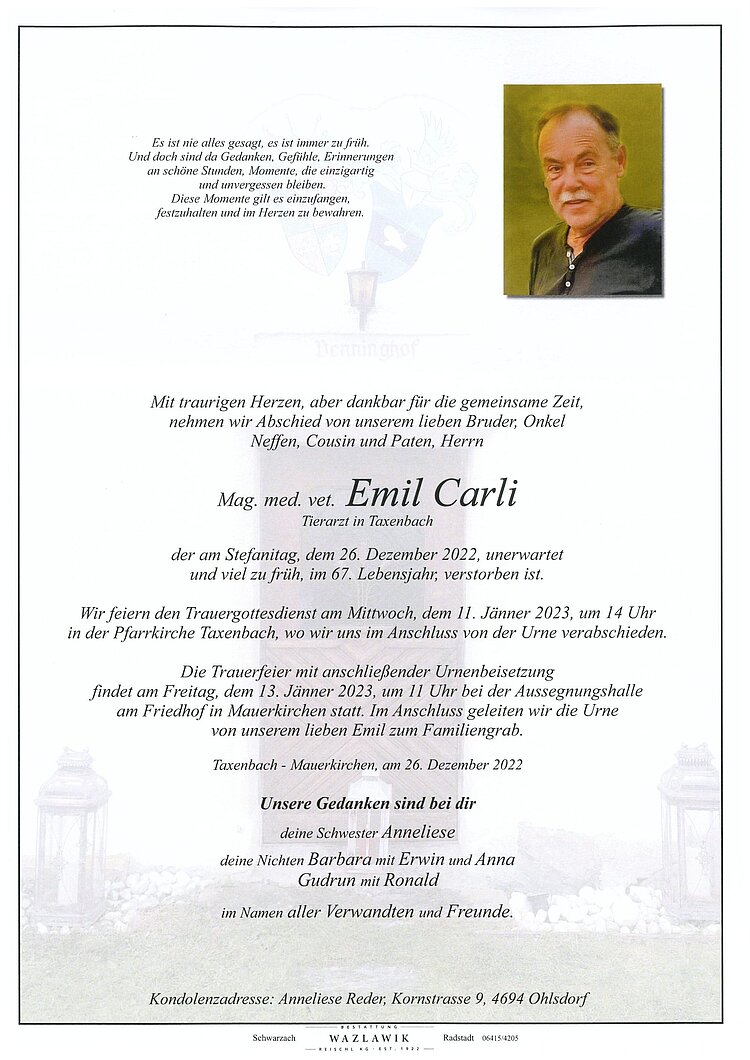 Parte von Mag. med. vet. Emil Carli † 26.12.2022