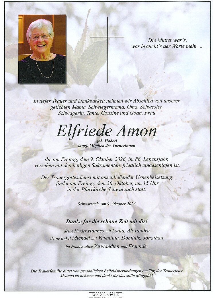 Parte von Elfriede Amon † 09.10.2026