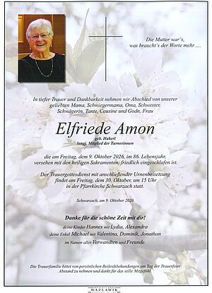Parte von Elfriede Amon † 09.10.2026 aus Schwarzach im Pongau