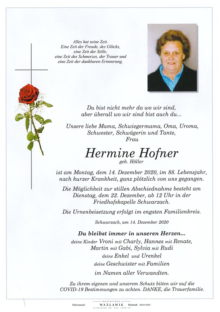 Parte von Hermine Hofner † 14.12.2020