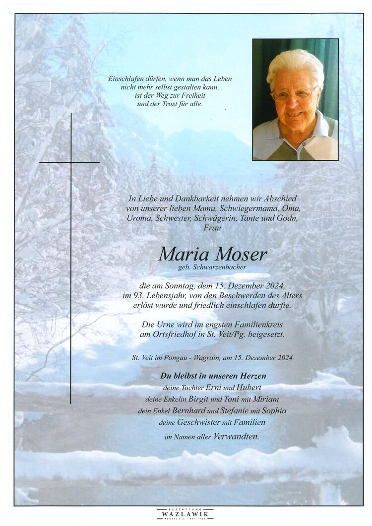 Parte von Maria Moser † 15.12.2024
