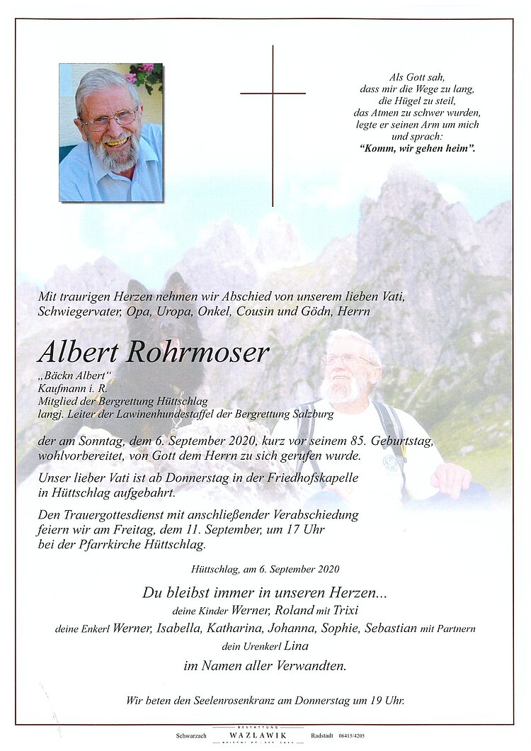 Parte von Albert Rohrmoser † 06.09.2020