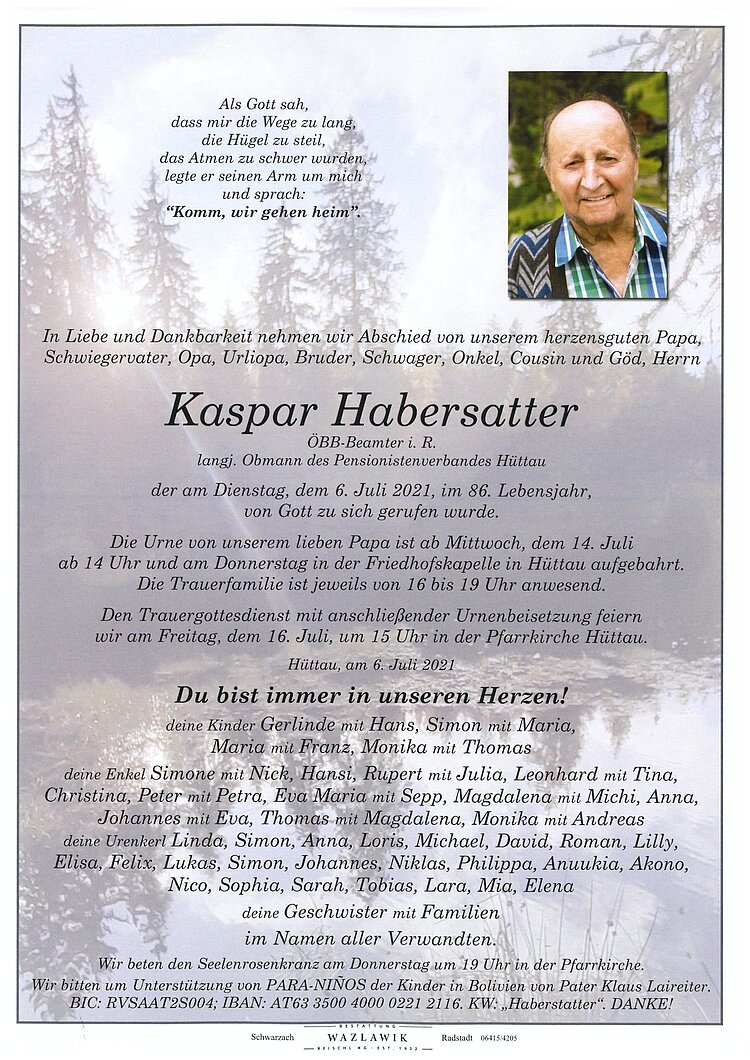 Parte von Kaspar Habersatter † 06.07.2021