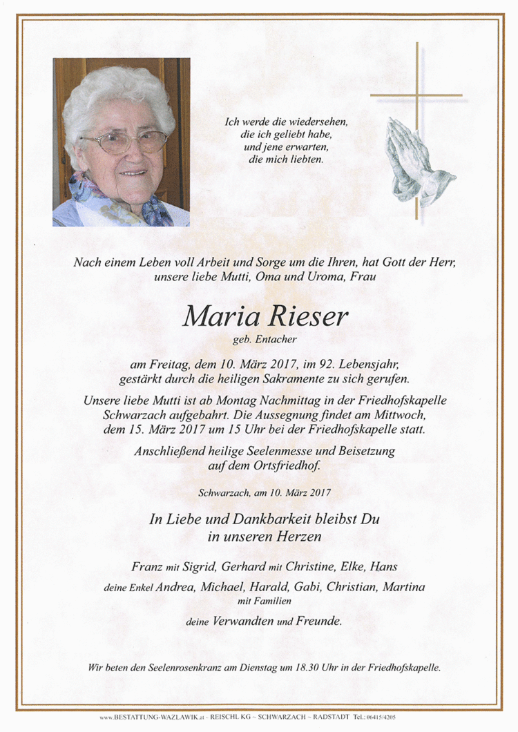 Parte von Maria Rieser † 10.03.2017