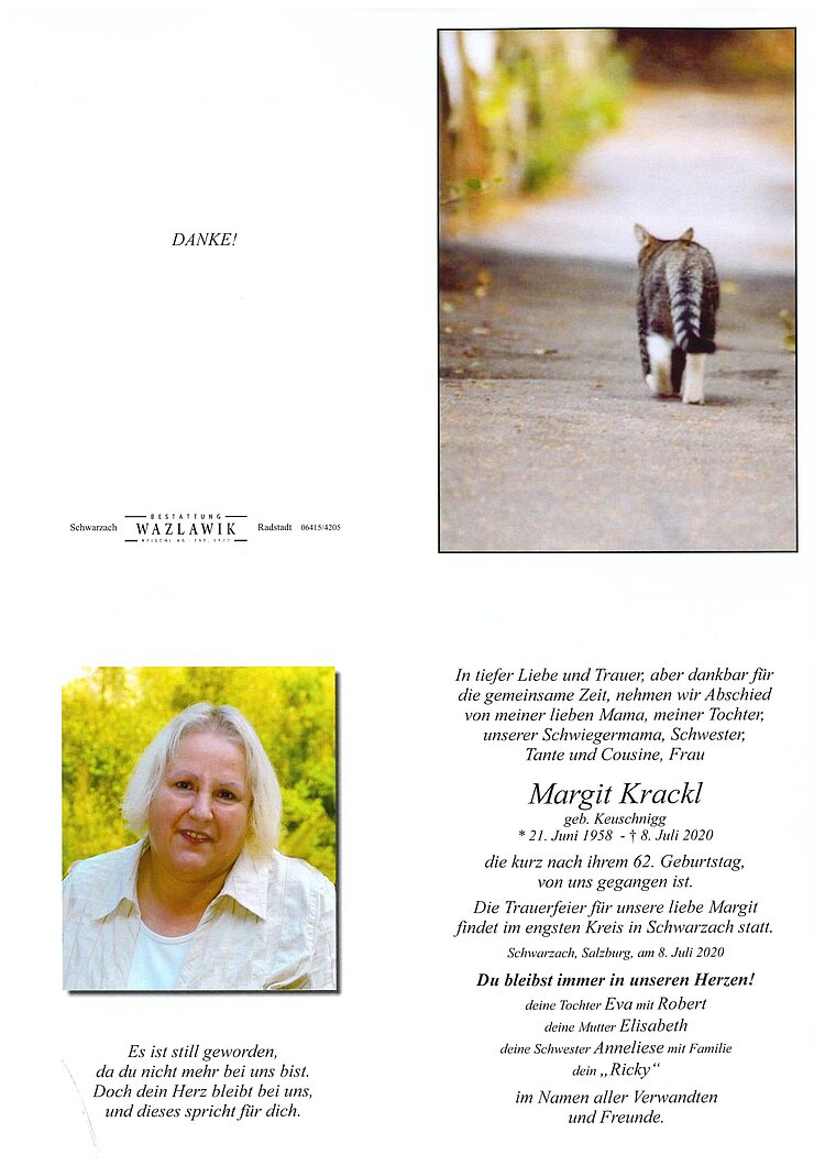 Parte von Margit Krackl † 08.07.2020