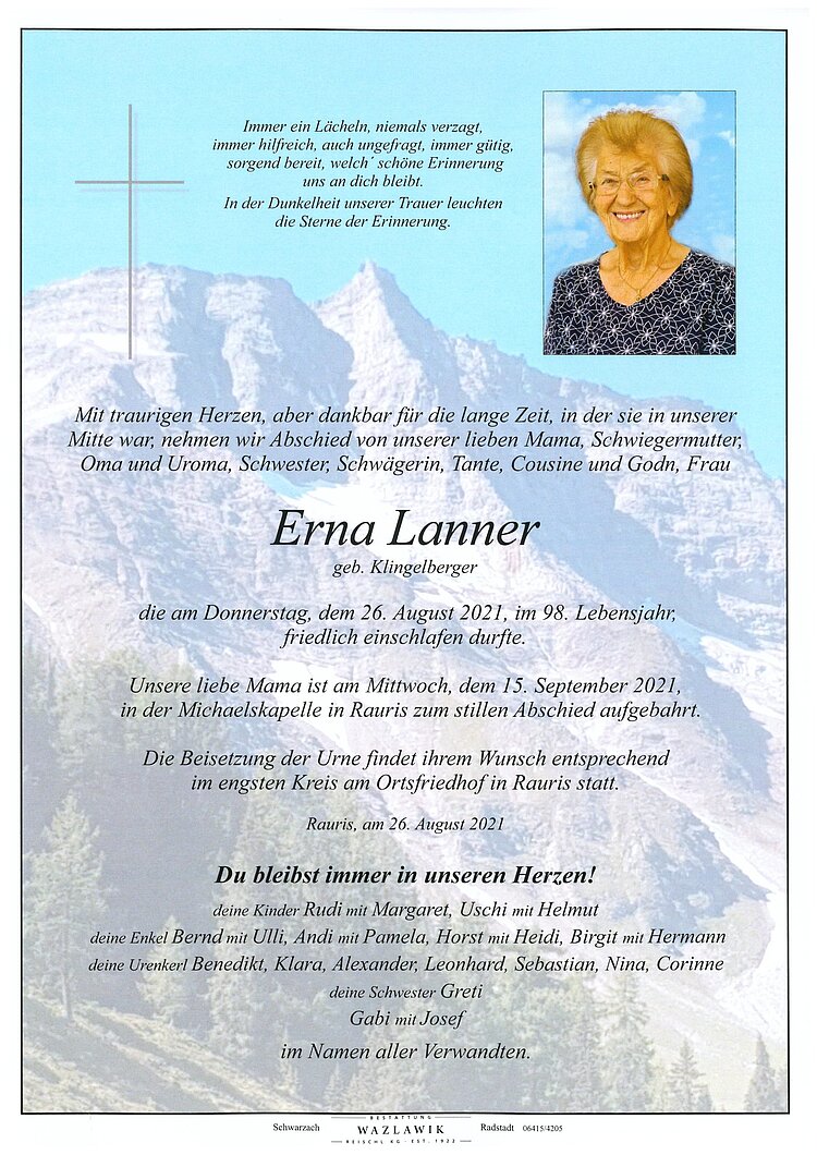 Parte von Erna Lanner † 26.08.2021