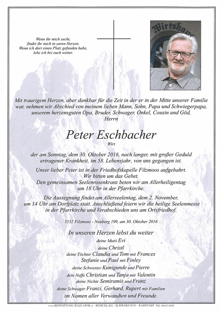 Parte von Peter Eschbacher † 30.10.2016