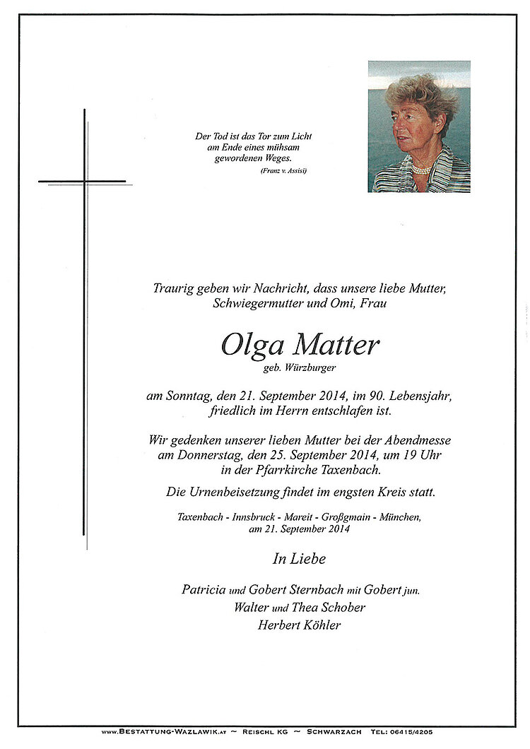 Parte von Olga Matter † 21.09.2014