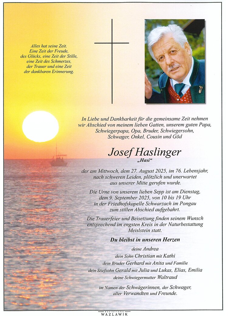 Parte von Josef Haslinger † 27.08.2025