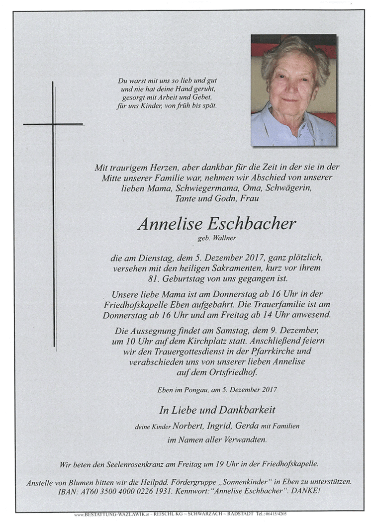 Parte von Anneliese Eschbacher † 05.12.2017