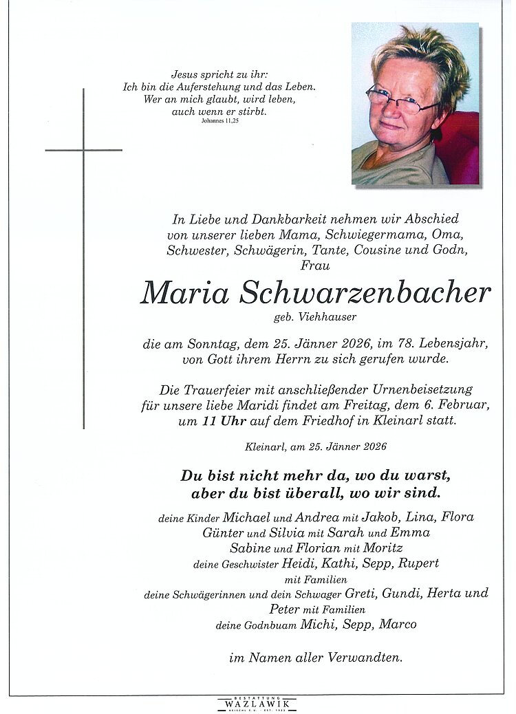 Parte von Maria Schwarzenbacher † 25.01.2026
