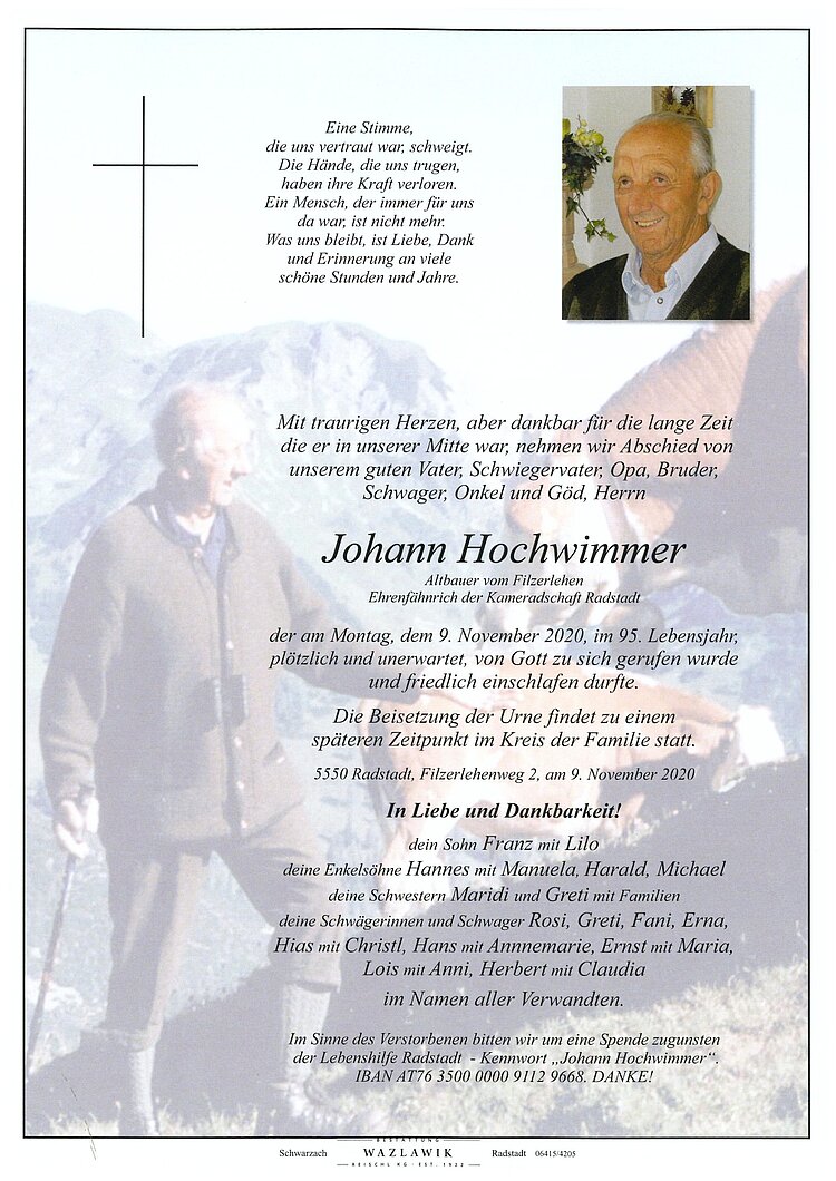 Parte von Johann Hochwimmer † 09.11.2020