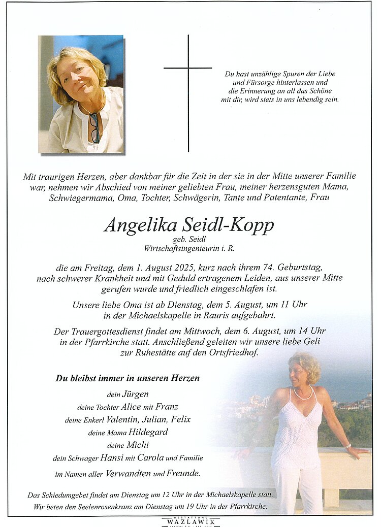 Parte von Angelika Seidl-Kopp † 01.08.2025