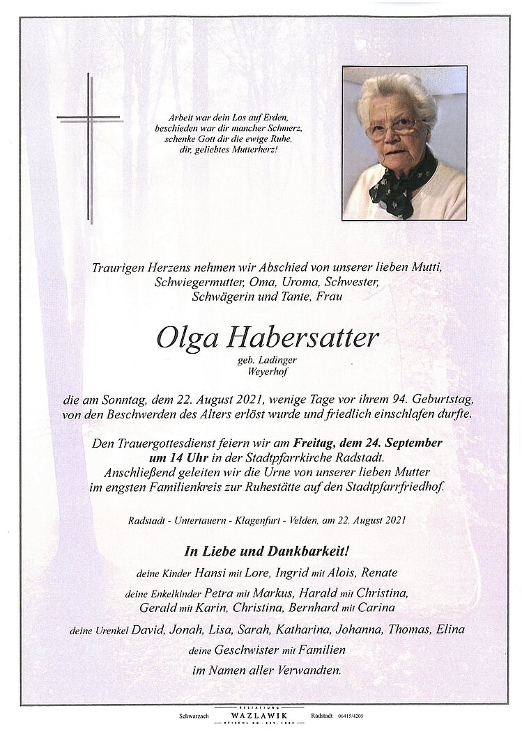 Parte von Olga Habersatter † 22.08.2021