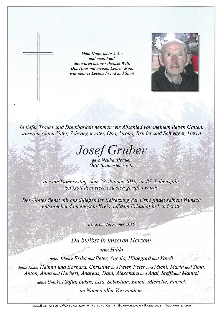 Parte von Josef Gruber † 28.01.2016
