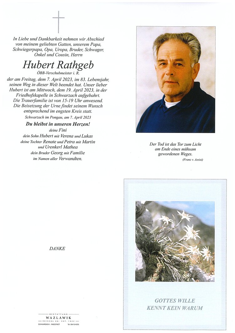 Parte von Hubert Rathgeb † 07.04.2023