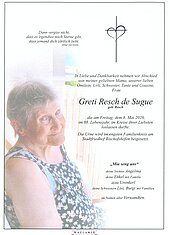 Parte von Greti Resch de Sugue † 08.05.2026 aus Bischofshofen