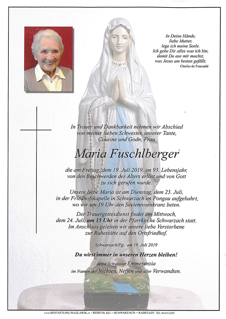 Parte von Maria Fuschlberger † 19.07.2019