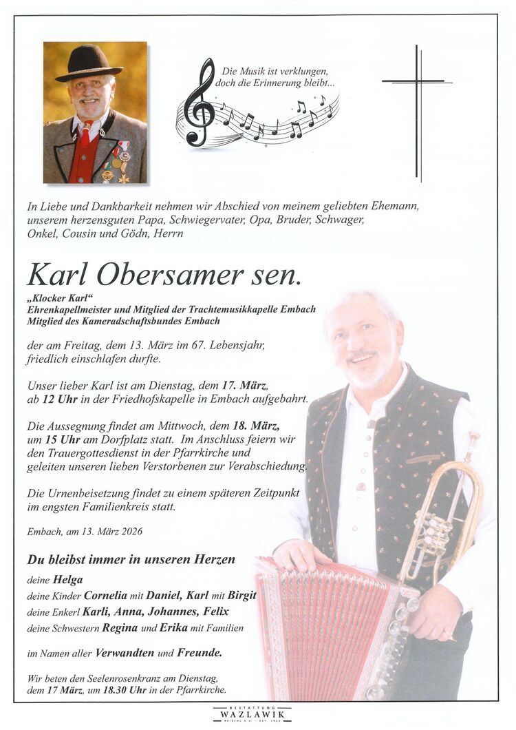 Parte von Karl Obersamer † 13.03.2026
