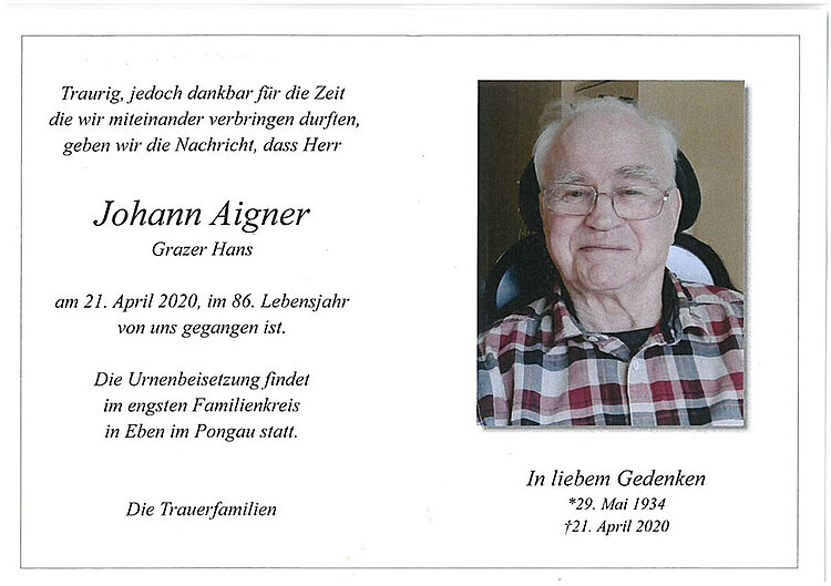 Parte von Johann Aigner † 21.04.2020
