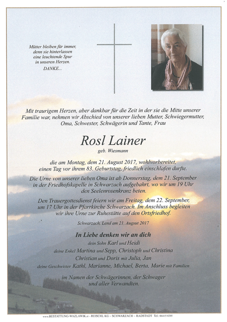 Parte von Rosl Lainer † 21.08.2017