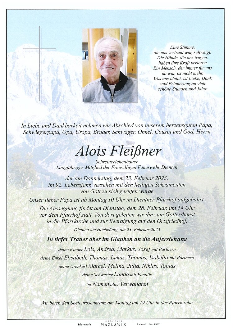 Parte von Alois Fleißner † 23.02.2023