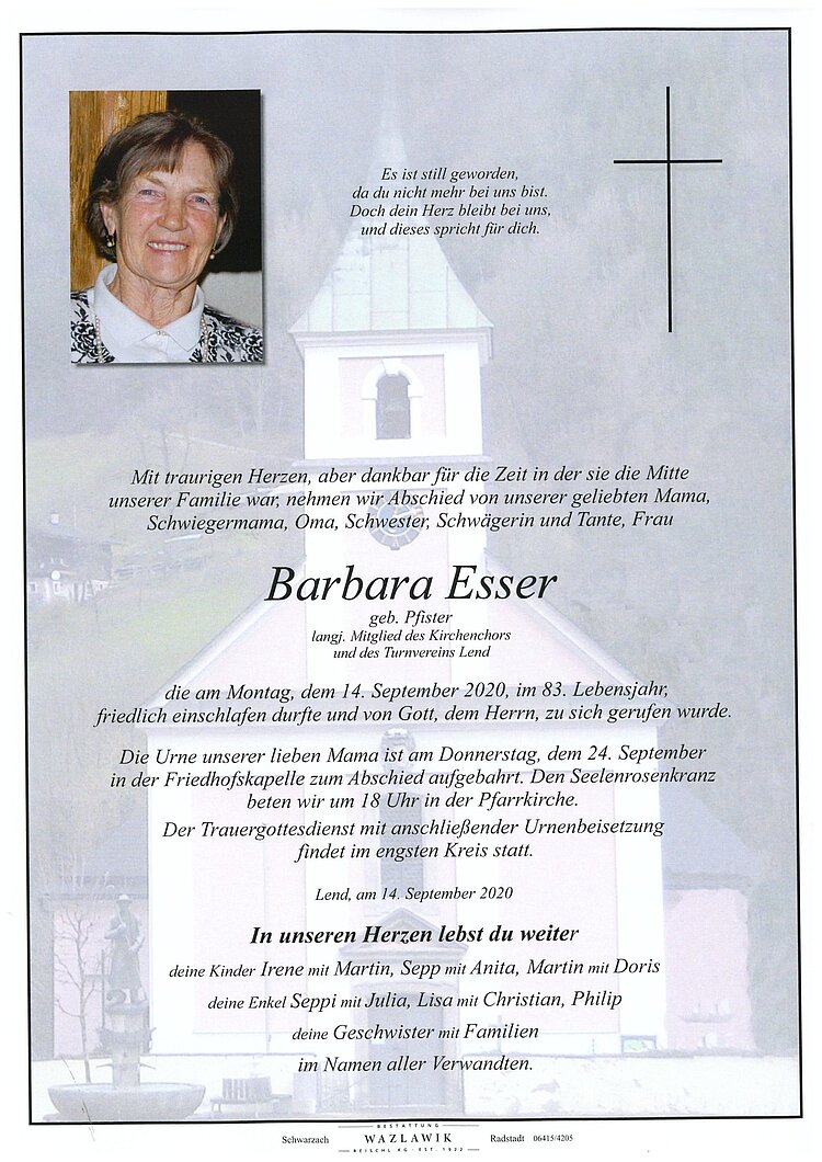 Parte von Barbara Esser † 14.09.2020