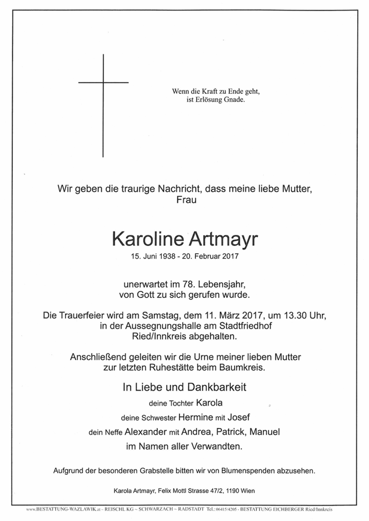 Parte von Karoline Artmayr † 20.02.2017