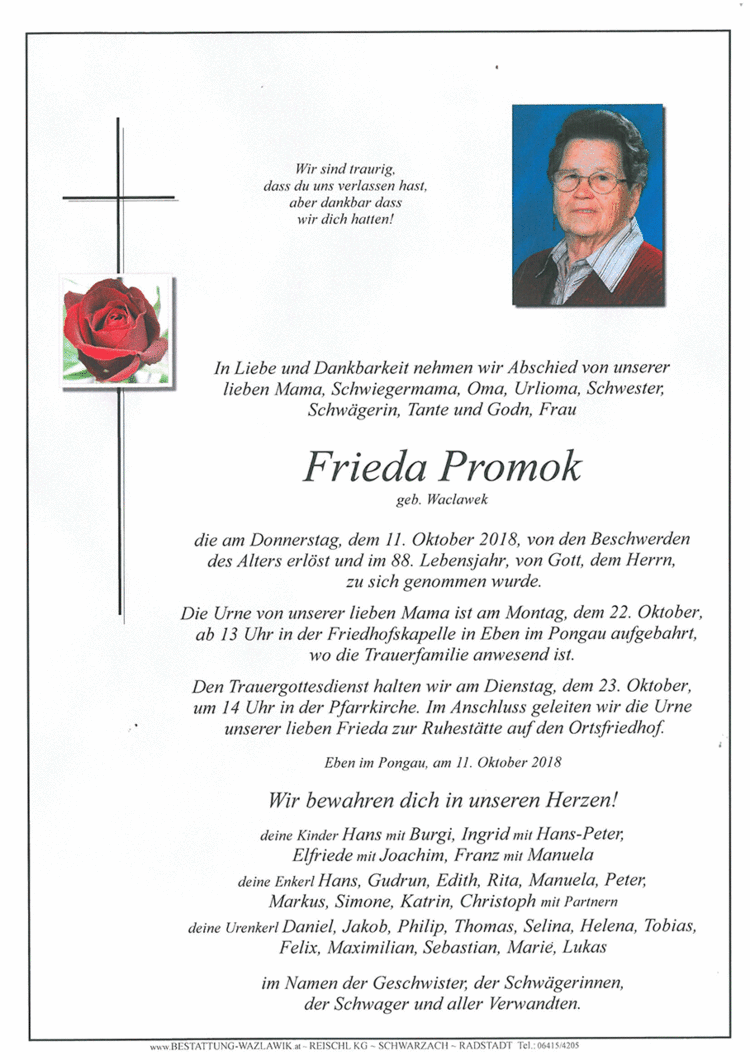 Parte von Frieda Promok † 11.10.2018