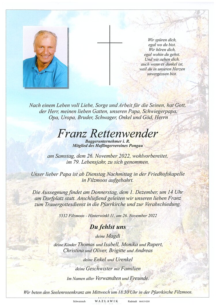 Parte von Franz Rettenwender † 26.11.2022